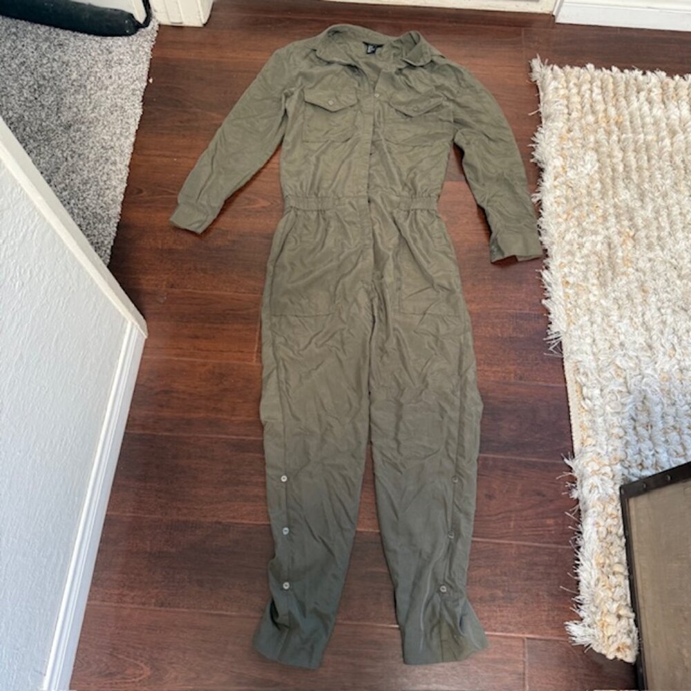 H&M Coverall Utility Jumpsuit Womens Size 2 Khaki Green Cotton Barn Chore Work